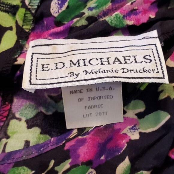 Vintage 80s Floral Maxi Dress 11 12 Puff Sleeves Pleated Yoke Black Purple - Picture 6 of 7